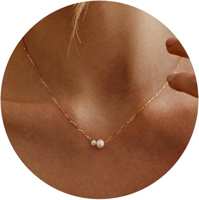 Treasure Bender Pearl Necklaces for Women Trendy, 14k Gold Plated Dainty Necklace Simple Pearl Drop Single Charm Pendant Necklace Birthday Wedding Gifts Gold Jewelry for Women - Image 1